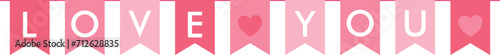 pink garland banner with love you text and hearts, isolated vector illustration vor valentine`s day, wedding, mother`s day, birthday