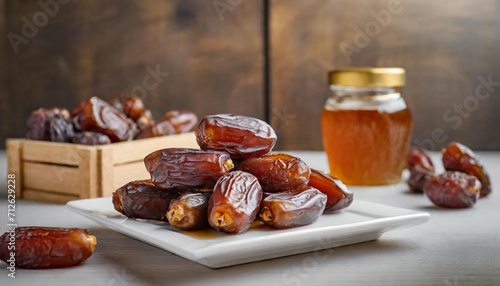 Juicy dates on a white plate, with more dates in a wooden box and golden honey in the backdrop, symbolizing Iftar during Ramadan.