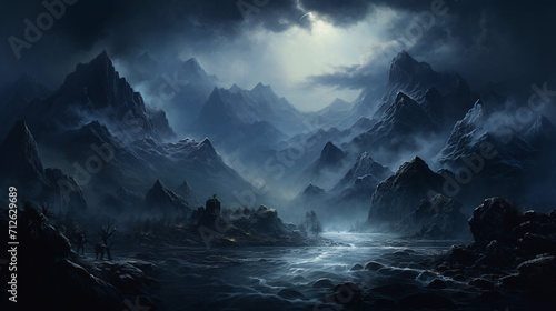Illustration of an imaginary world, panorama of a tall rocky mountain covered in white smoke, under the mountain flowing , Generate AI © VinaAmeliaGRPHIC