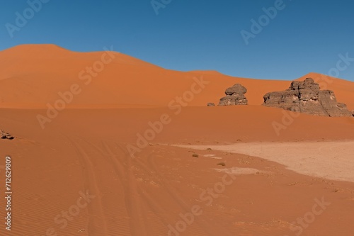 View of the Dunes of Tin Merzouga in Tadrart Rouge, Tassili N'Ajjer National Park. Sahara, Algeria, Africa.