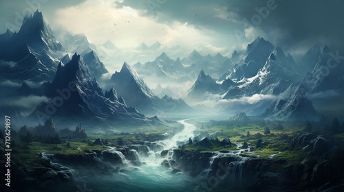 Illustration of an imaginary world  panorama of a tall rocky mountain covered in white smoke  under the mountain flowing a clear and fresh river  on the bank of the river   Generate AI