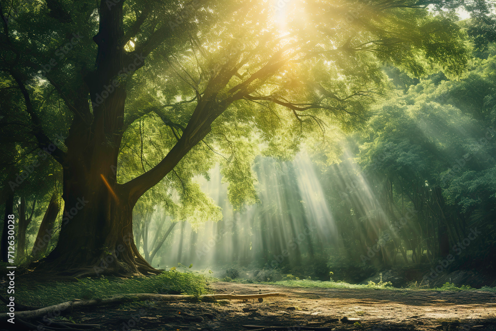 Obraz premium image of sunlight at dusk entering through the trees of a dark forest