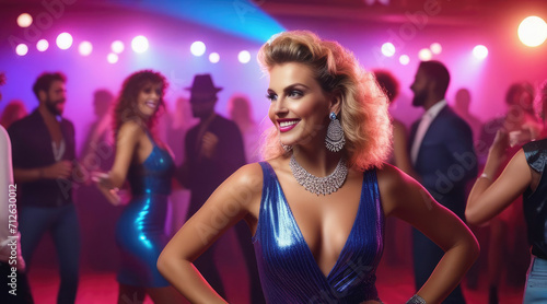 Woman smiling in evening dress at a disco with neon lighting, 80s style.