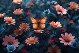 natural background, butterfly among flowers on a dark meadow