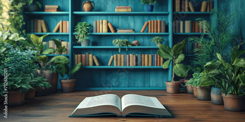 open book indoors with house plants
