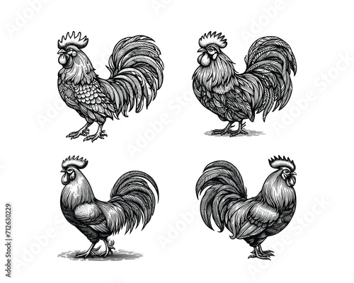 set of roosters illustration. hand drawn rooster black and white vector illustration. isolated white background
