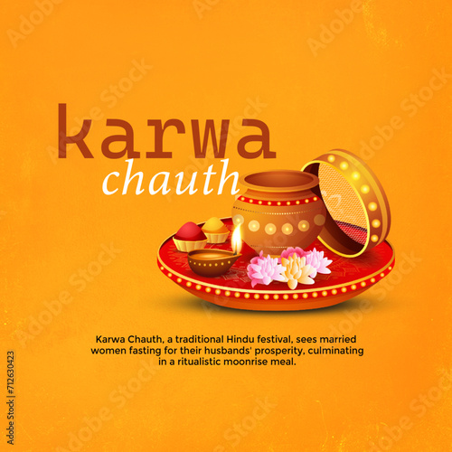 Poster for Karwa Chauth, featuring traditional elements and a decorative thali on an orange background.