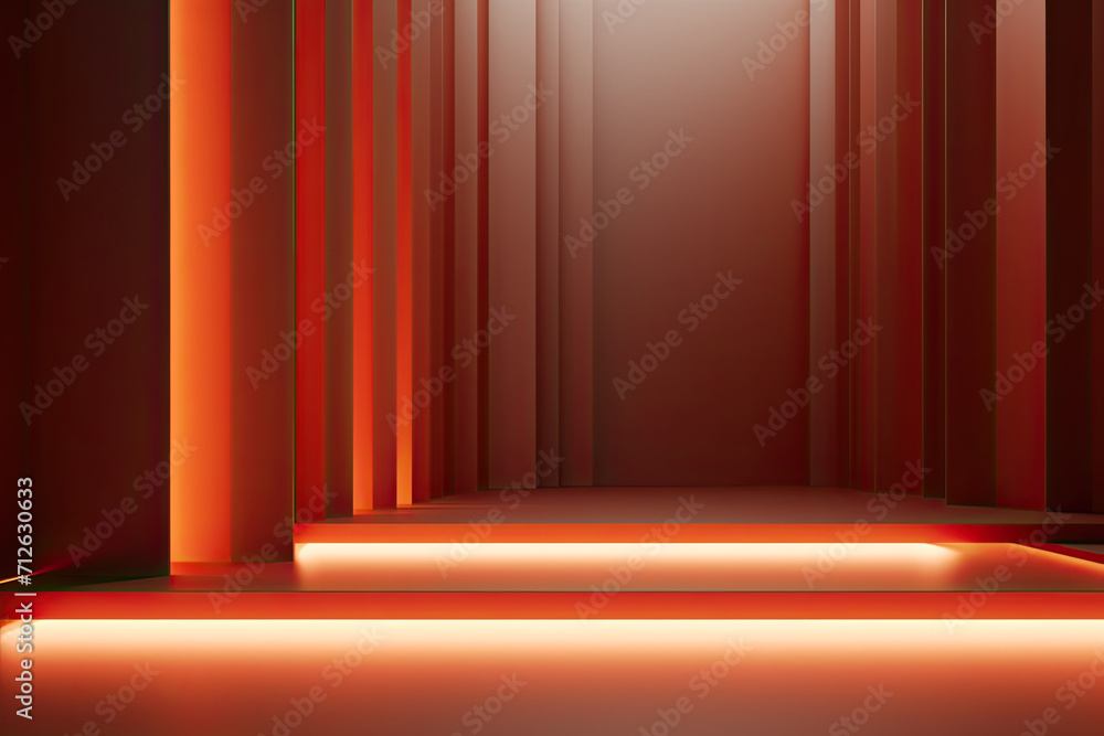 Peach orange background. Podium space for cosmetics, equipment, gadgets. Neon glow futuristic space design, empty space base.