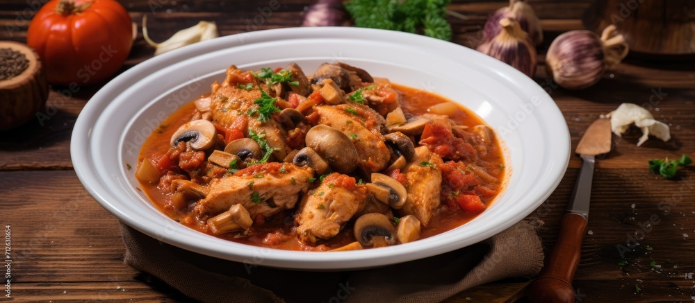 French chicken stew with mushrooms in tomato sauce, served in a white bowl on a wooden table, flat lay.