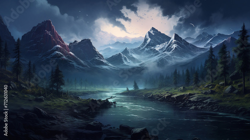 Illustration of an imaginary world, panorama of a tall rocky mountain covered in white smoke, under the mountain flowing a clear and fresh river, on the bank of the river , Generate AI