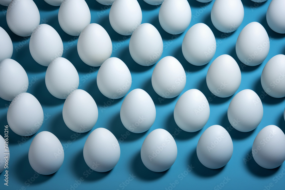 Multiple rows of uniformly placed white eggs cast soft shadows on a textured blue surface, creating a dynamic visual texture.
Multiple rows of uniformly placed white eggs cast soft shadows on a textured blue surface, creating a dynamic visual texture.
