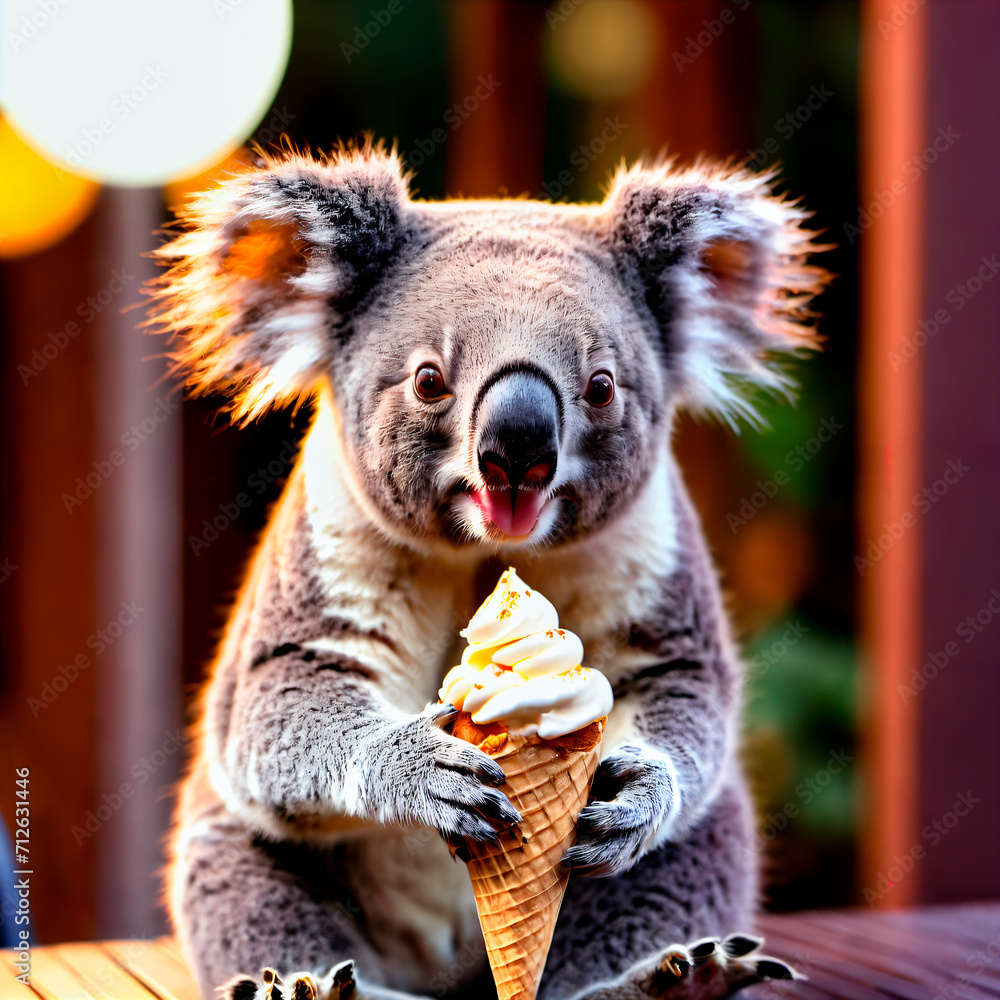 Naklejka premium A Koala’s Delight: How a Fluffy Animal Enjoys a Waffle Cone with Ice Cream 