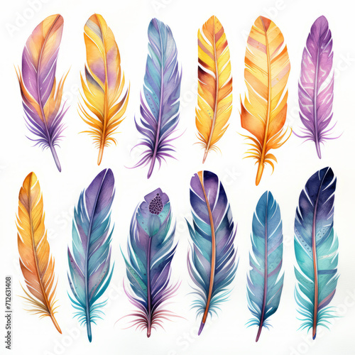Watercolor exotic bird feathers. Multi-colored feathers.