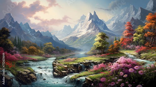 Illustration of an imaginary world, panorama of a tall rocky mountain covered in white smoke, under the mountain flowing a clear and fresh river, on the bank of the river , Generate AI photo