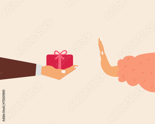 Person denies a gift or bribe from another. Colleague or friend has trouble getting presents. Stop hand signal for compliments. Human arm blocks to receiving caring and love. Vector illustration