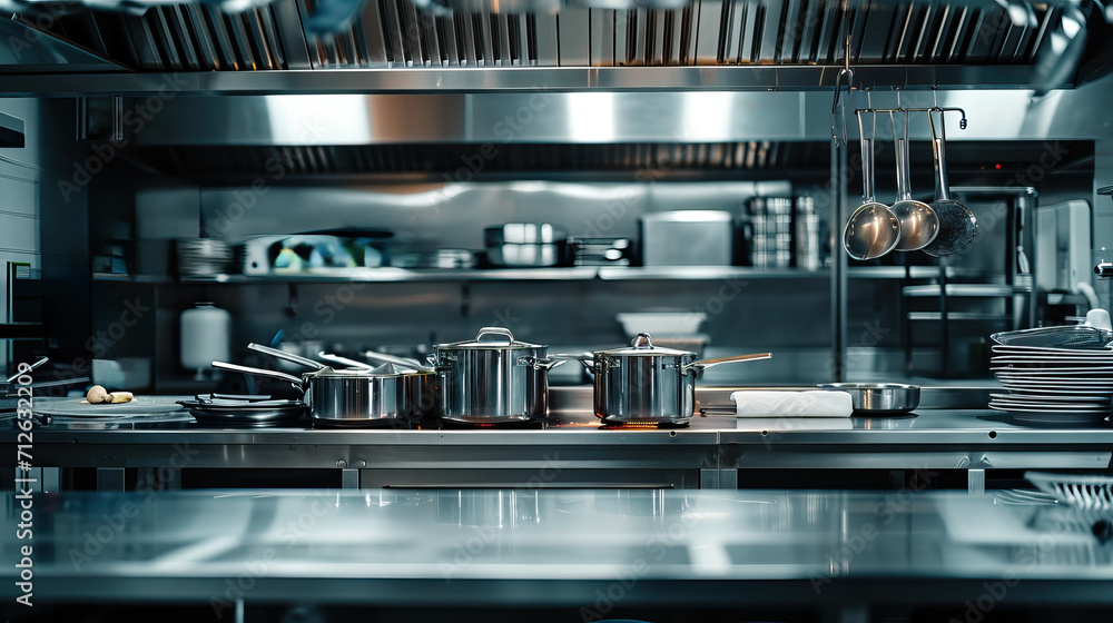 modern industrial professional kitchen made of shiny metal, industrial kitchen space in a restaurant with shiny clean pots and pans hanging above them, day off, no one