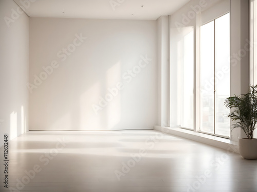 Empty  minimal white room with interesting glare from the window. Interior background for the presentation design.