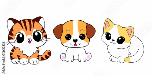 Happy little pets on kawaii style isolated on white background