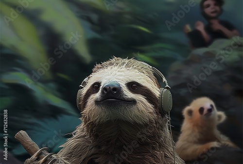 Sloth with Headphones Riding in the Background: Musical Journey