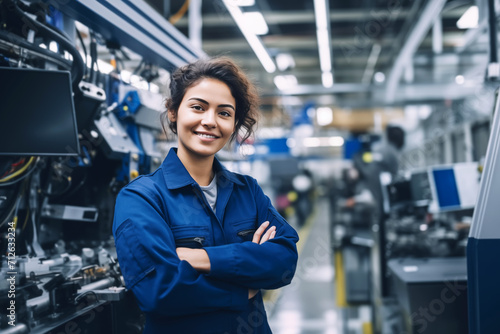 Confident female mechanic stands proudly in an industrial plant setting