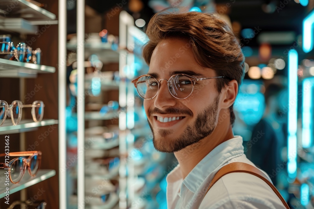 Young man trying out glasses in optics store Young man trying out glasses in optics store