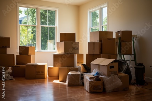 Interior of a modern home with moving boxes