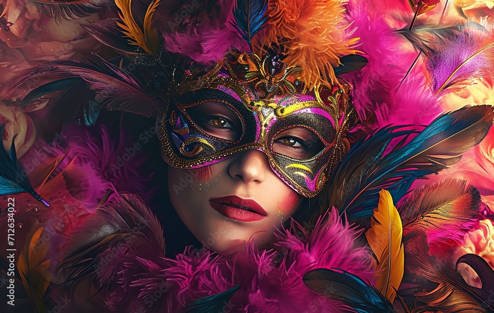 Woman with Colorful Mask and Colorful Feathers: Vibrant Celebration