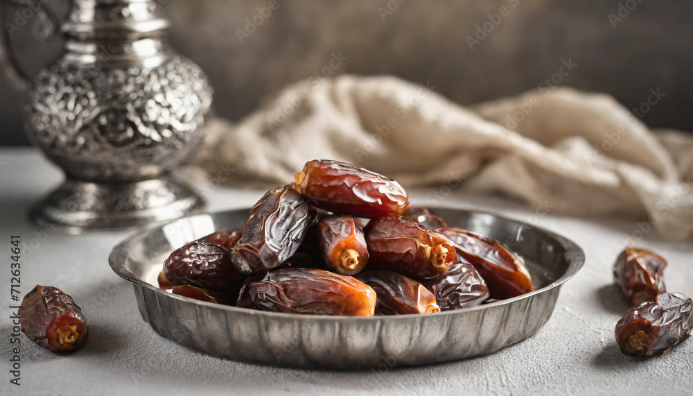 A sumptuous display of glossy dates in a vintage silver bowl, accentuated by a decorative jug and elegant drapery. Ideal for illustrating luxurious, healthy snacking or Ramadan feasts. A sumptuous display of glossy dates in a vintage silver bowl, accentuated by a decorative jug and elegant drapery. Ideal for illustrating luxurious, healthy snacking or Ramadan feasts.