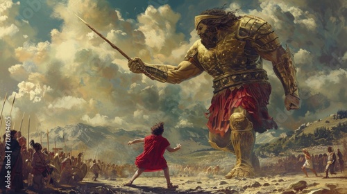 David and Goliath battling on a land in high definition WITH A BEAUTIFUL SKY photo