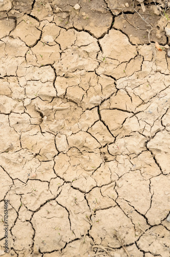 Top view of dry soil with cracks and fissures, climate change or global warming concept background, natural backdrop