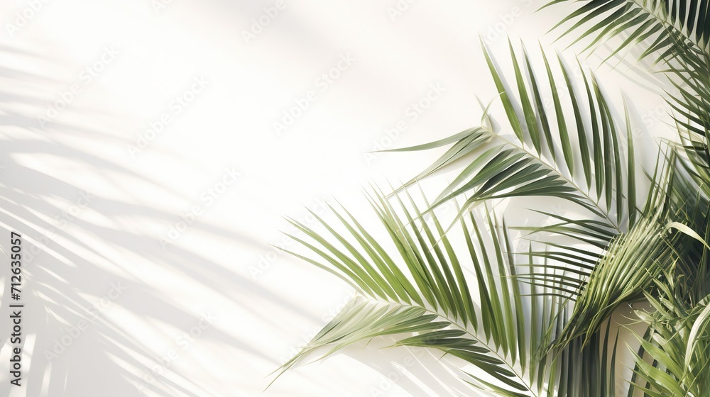 Shadows of monstera tree leaves, branches on a white wall. Summer background for display, sunlight overlay, empty copy space, horizontal Shadows of monstera tree leaves, branches on a white wall. Summer background for display, sunlight overlay, empty copy space, horizontal
