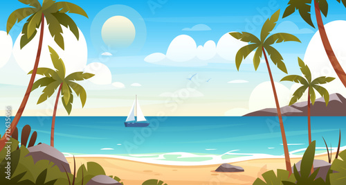 Summer beach. Vector seaside landscape with coast, mountains, palm trees, sea, ocean, waves, ship, beautiful sky with clouds. Paradise nature vacation. Seascape background. Outdoor travel panorama © MaryDesy