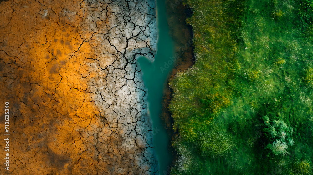 Imagen aérea de un terreno fértil con prados verdes y otra zona de tierra seca y quemada como símbolo del cambio climatico Imagen aérea de un terreno fértil con prados verdes y otra zona de tierra seca y quemada como símbolo del cambio climatico
