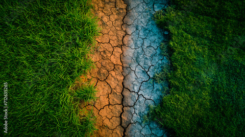Imagen aérea de un terreno fértil con prados verdes y otra zona de tierra seca y quemada como símbolo del cambio climatico photo