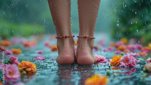closeup picture of feet and anklet of a woman wet in rain with flowers photo