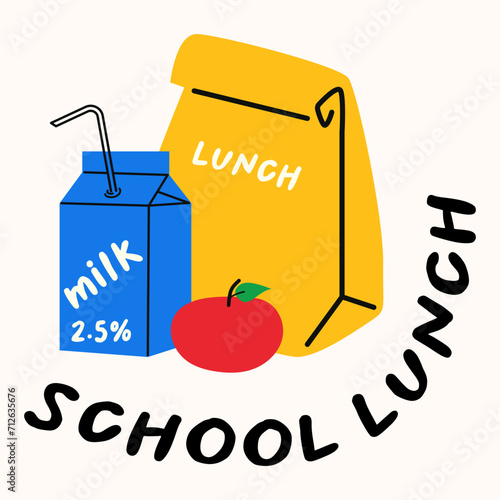 School lunch box, lunch, paper bag. Hand drawn vector illustration. Design template, distorted text.