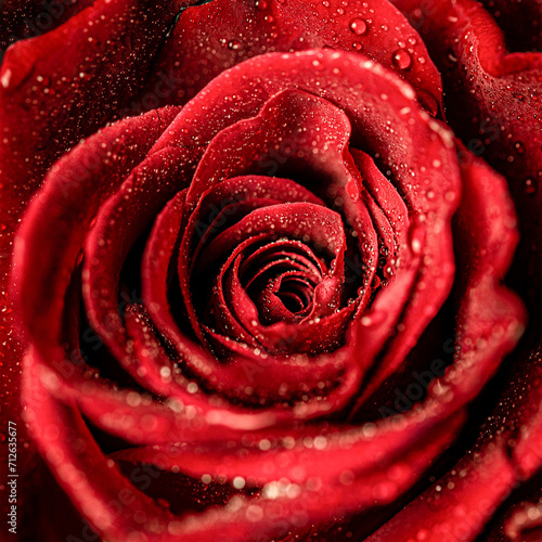 macro red rose with water drops.