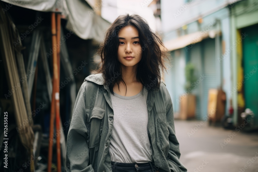 young beautiful asian hipster woman in the city, lifestyle people concept