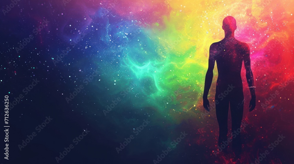 silhouette of a man on colorful nebula background silhouette of a man on colorful nebula background