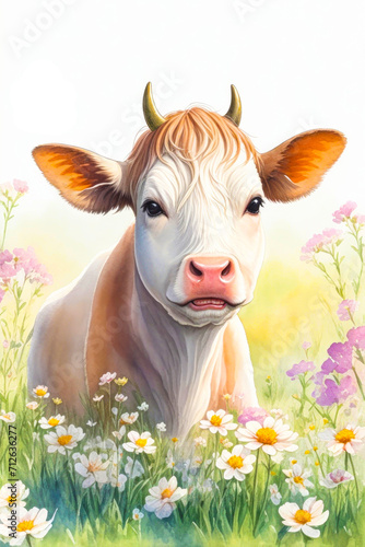 Cow in a flower field  in watercolor art style. With copy space