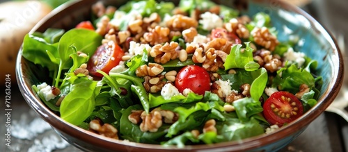 Mixed greens with feta, pine nuts, walnuts, and tomato.