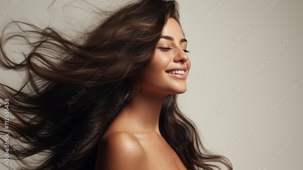 Portrait of a beautiful woman with a long hair. Young brunette model with beautiful hair - isolated on grey background. Young girl with hair flying in the wind. Portrait of a beautiful woman with a long hair. Young brunette model with beautiful hair - isolated on grey background. Young girl with hair flying in the wind.