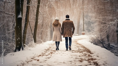 A couple in elegant winter attire, walking through a snowy park