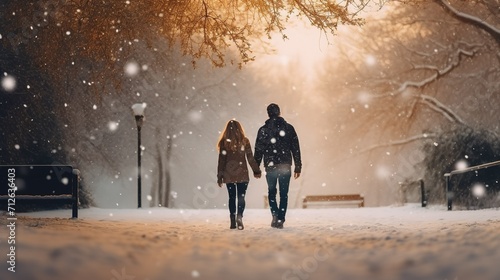 A couple in elegant winter attire, walking through a snowy park