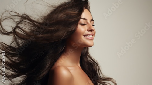 Portrait of a beautiful woman with a long hair. Young brunette model with beautiful hair - isolated on grey background. Young girl with hair flying in the wind.