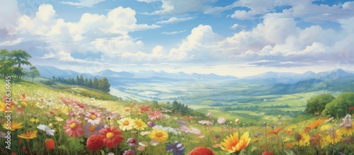 The lovely flowers, surrounded by green nature, shine under the open sky.