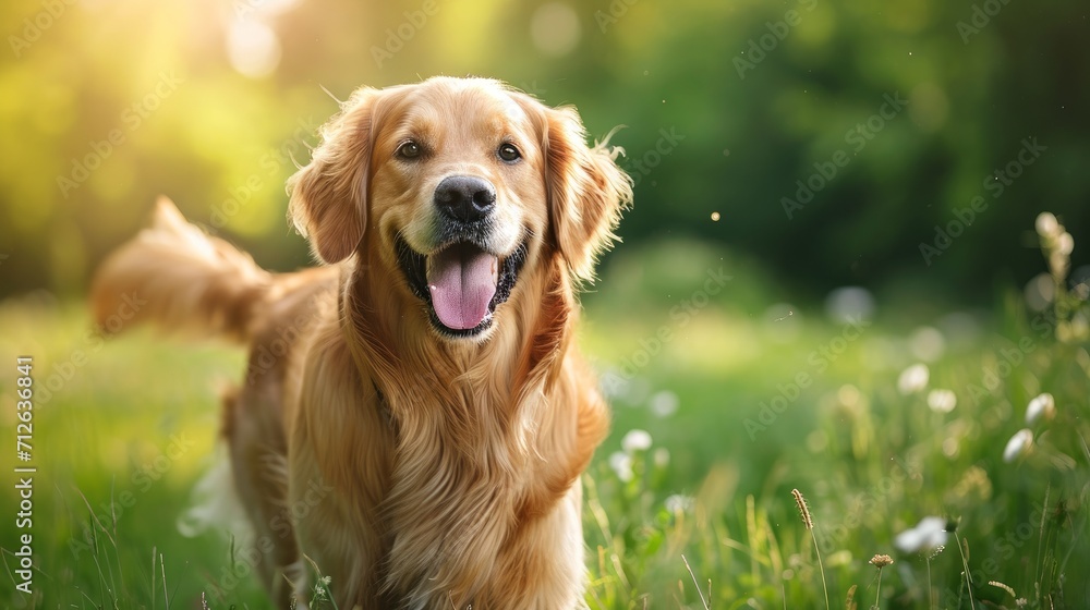 A cute golden retriever dog walking outside A cute golden retriever dog walking outside