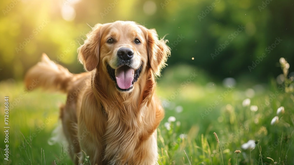 A cute golden retriever dog walking outside