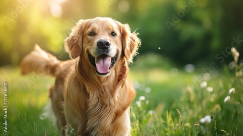 A cute golden retriever dog walking outside