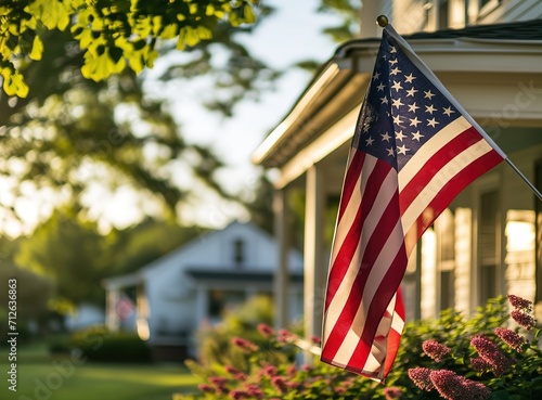 US flag displayed in front of American house symbolizes patriotism, national identity and love for ones country, it represents unity, freedom, and values illustration Generative AI